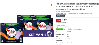 Robijn Classics wasmiddeldoekjes Black Velvet - 4 x 16 wasstrips - 64 wasbeurten voor €11,99 bij Amazon
