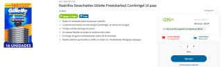 Pack 16 Rastrillos Gillette Prestobarba3 Comfortgel por $148 en Sam's Club