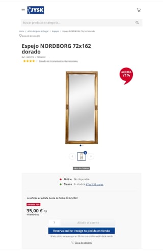 Espejo dorado JYSK por solo 35€ disponible en tres colores