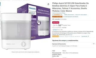 Philips Avent SCF291/00 Esterilizador De Botellas Eléctrico A Vapor Para Hasta 6 Biberones, Tetinas Y Accesorios por 56,99€ (15% descuento con lista de nacimiento)