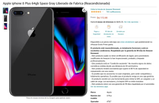 Apple iphone 8 Plus 64GB Reacondicionado a $4,172 en Amazon