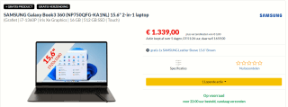 SAMSUNG Galaxy Book3 360 Grijs - 15.6 inch - Intel Core i7 met gratis sleeve voor €1339 bij Alternate