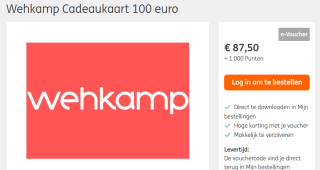 Wehkamp Cadeaukaart van €100 voor € 87,50 + 1.000 ING Punten