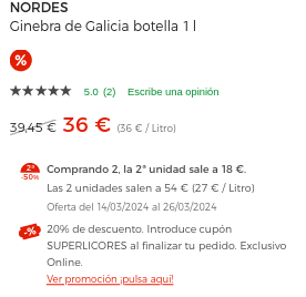 2 Unidades Ginebra NORDES de Galicia botella 1 Litro por solo 43,20€