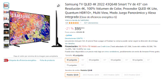 Televisión 43 pulgadas Samsung TV QLED 4K 2022 43Q64B por 395€