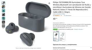 Philips TAT3508BK/00 Auriculares True Wireless Bluetooth con cancelación De Ruido y micrófono por 46,42€