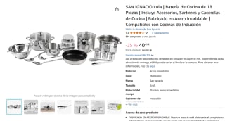 San Ignacio Lula Batería de Cocina de 18 Piezas Incluye Accesorios, Sartenes y Cacerolas de Cocina por 40,45€