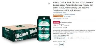 Mahou Clásica, Pack 28 Latas x 33cl, Cerveza Dorada Lager por 13,39€
