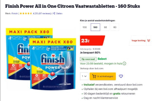 Korting bij Bol.com op Finish Power All in One Citroen Vaatwastabletten - 160 Stuks