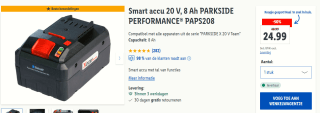 Smart accu 20 V, 8 Ah PARKSIDE PERFORMANCE® PAPS208 voor €24,99 bij de Lidl in België