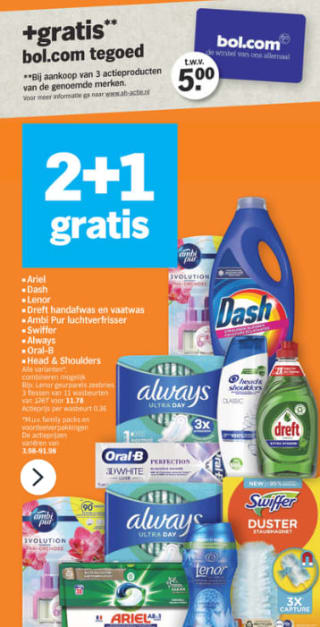 Gratis Bol.com cadeaukaart twv €5 bij aankoop van 3 actieproducten bij de AH