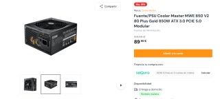 Fuente/PSU Cooler Master MWE 850 V2 80 Plus Gold 850W por 89,95€