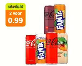 Alle Coca-Cola, Fanta en Fuze Tea 250 ml 2 blikjes voor €0,99 bij de AH