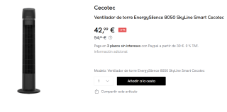 Cecotec Ventilador de Torre con Mando a Distancia y Temporizador EnergySilence 8050 SkyLine Smart. 45 W por 42.99€