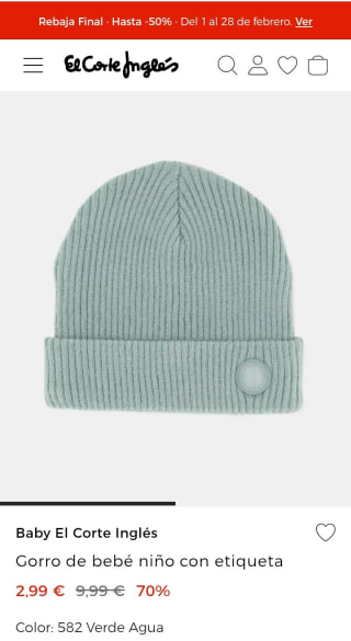 Gorro de bebé con etiqueta por 2,99€.