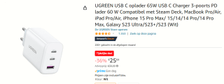 UGREEN USB-C oplader 65W voor €25,64 bij Amazon