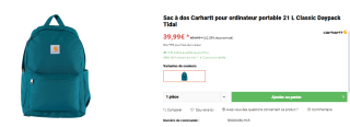 Carhartt sac à dos pour ordinateur portable 21L Classic Daypack Tidal à 39,99€