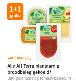 Alle AH Terra plantaardig broodbeleg 1+1 gratis bij de AH