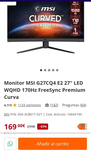 MSI Monitor 27" Curvo por 169€.