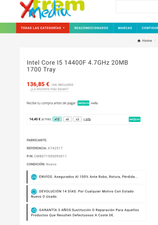 Procesador Intel Core i5 14400F 4.7GHz por solo 136,85€