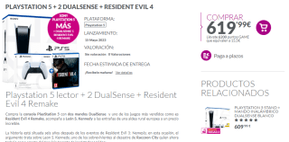 Consola Playstation 5 + 2 dualsense + resident evil 4 + 15,50€ saldo por 619,99€