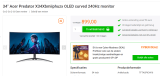 Acer Predator X34X 34" Wide Quad HD 240Hz Curved OLED Gaming monitor voor €899 bij Yorcom