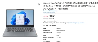 Lenovo IdeaPad Slim 3 14IAN8 82XA0020MH - Laptop voor €399 bij Amazon