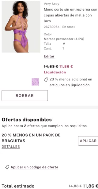 Mono corto Victoriassecret sin entrepierna con copas abiertas de malla con lazo por 11,86€
