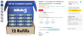 Gillette 5 Recambios de Cuchillas de Afeitar 12 unidades por $443 en Amazon