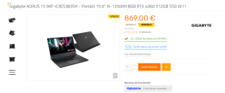 Portátil gaming Gigabyte AORUS 15 9KF-E3ES383SH con i5-12500H 8GB RTX 4060 512GB SSD W11 por 869€