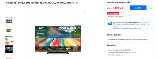 TV LED 65" Toshiba 65UV3363DG, 4K UHD, Smart TV por 339,15€