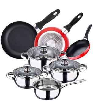 Batería de cocina 7 piezas SAN IGNACIO en acero inoxidable + Juego de 3 sartenes 16/20/24 cm por 35,25€