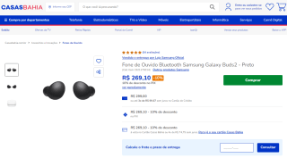 Fone de Ouvido da Samsung, modelo Galaxy Buds 2 - R$ 269,10
