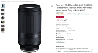Tamron 70-300mm f/4.5-6.3 Di III RXD (Sony FE) voor €369,54 bij Amazon met Prime