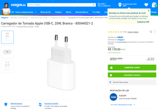 Carregador de USB-C de 20W para produtos Apple - R$ 139