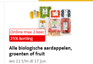 Alle biologische aardappelen, groenten of fruit 25% korting bij de Jumbo