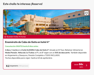 Cabo de Gata: hotel 4* con media pensión 66€