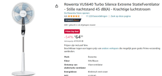 Rowenta VU5640 Turbo Silence Extreme Statiefventilator voor €64,99 bij Amazon