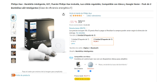 Pack de 2 Bombillas LED Inteligentes Philips Hue - Bombilla inteligente, E27 por 35,98€