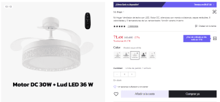 Ventilador de techo con LED, Motor DC, silencioso con mando a distancia, aspas retráctiles, 6 velocidades y 3 temperaturas de luz, temporizador, función verano-invierno por 71.43€ (Cuenta Nueva 59.43€)
