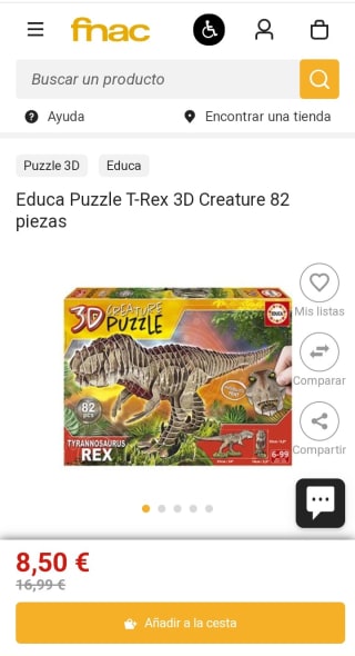 Educa Puzzle T-Rex 3D Creature 82 piezas por 8,50€.
