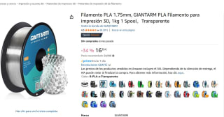 Filamento PLA 1.75mm, GIANTARM para impresión 3D, 1kg 1 Spool，Transparente por 16,39€