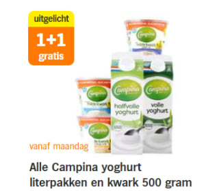 1+1 gratis op Alle Campina yoghurt literpakken en kwark 500 gram bij de AH