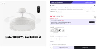 Ventilador de techo con LED, Motor DC, silencioso con mando a distancia, aspas retráctiles, 6 velocidades y 3 temperaturas de luz, temporizador, función verano-invierno por 52.59€