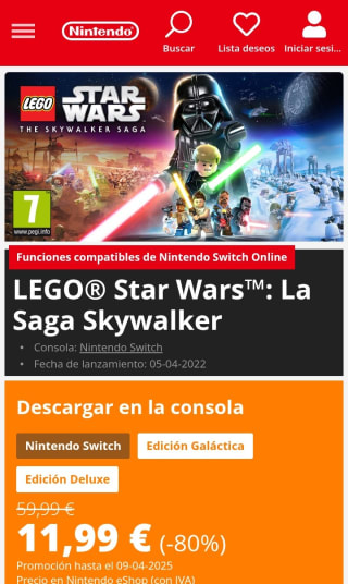 Lego Star Wars: La Saga Skywalker Nintendo Switch por 11,99€.