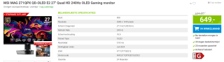 MSI MAG 271QPX QD-OLED E2 27" Quad HD 240Hz OLED Gaming monitor voor €649 bij Megekko