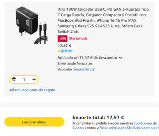 INIU 100W Cargador USB C, PD GAN 3-Puertos Tipo C Carga Rápida por 17,57€