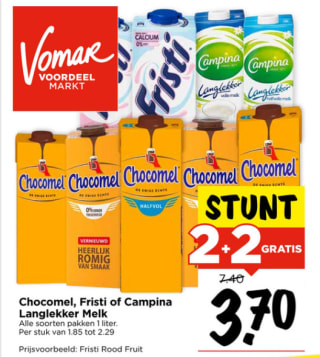 Chocomel, Fristi en Campina Langlekker in alle varianten 2+2 gratis bij Vomar