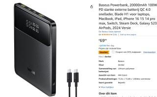 Baseus Powerbank, 20000mAh 100W PD voor €51 bij Amazon