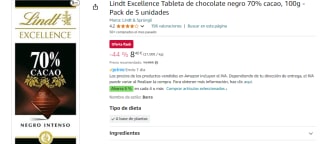 Pack 5 LINDT EXCELLENCE Chocolate negro 70% cacao tableta 100 g por 8.4€